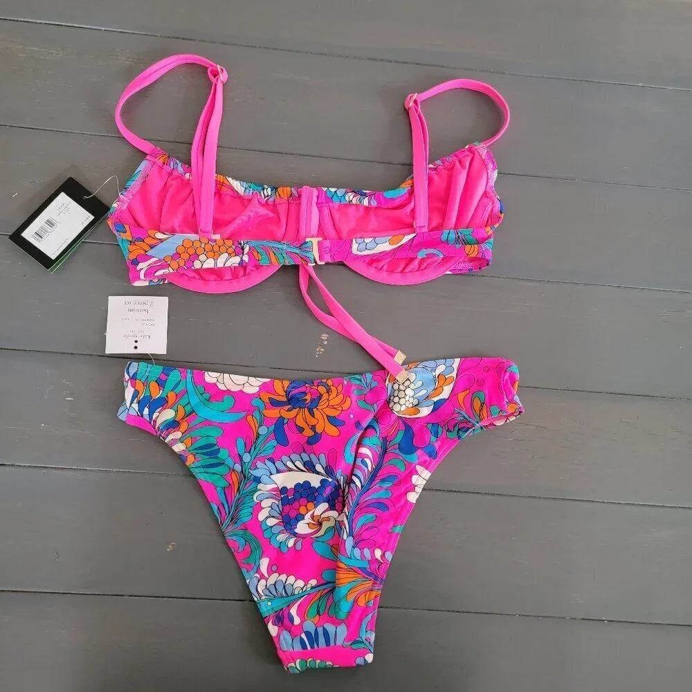 Kate Spade New York Printed Cinch Front Balconette Top Bikini Bottom Swimsuit S